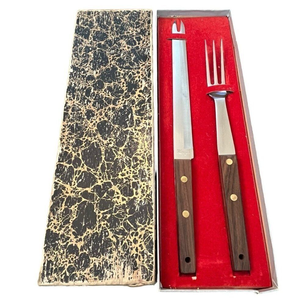 Vernco MCM Stainless Wood Handle Meat Carving Knife and Fork Set Boxed Vtg Japan
